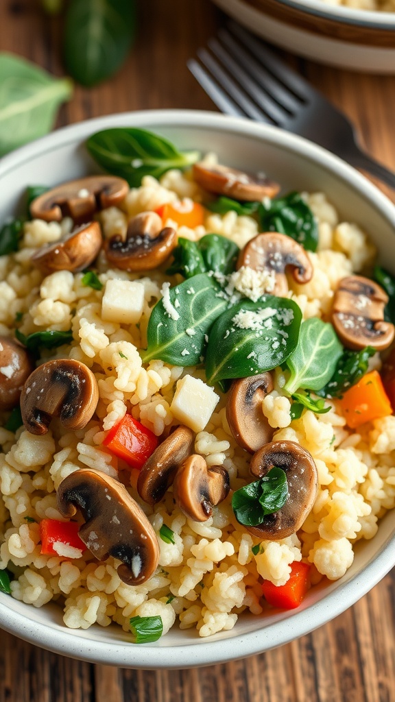 A bowl of mushroom and spinach cauliflower rice garnished with Parmesan cheese, on a rustic table.